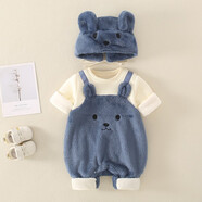 圓圓米米新生兒秋季連體衣洋氣0一6個(gè)月男女寶寶外出哈衣嬰兒衣服春秋加厚 XFC小熊背帶毛毛衣藍色 66cm 適合0-3個(gè)月8-12斤