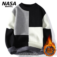 NASA MARVEL撞色拼接毛衣男冬季新款韓版潮流休閑百搭寬松針織衫 6302黑色（加絨） M （約90-105斤可穿）