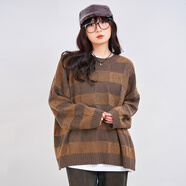 木果果木2024秋冬新款原創(chuàng)設計提花條紋毛衣休閑圓領長袖上衣女 咖色 F
