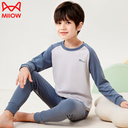 貓人男童秋衣秋褲純棉套裝中領(lǐng)內衣兒童全棉毛衫保暖中大童秋冬季 圓領(lǐng)插肩袖字母牛仔藍 160 cm 【建議145-155CM】