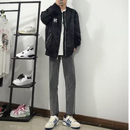 益帛（YIBO）牛仔褲男冬季新款加絨港風(fēng)復古毛邊修身小腳直筒做舊休閑長(cháng)褲子男 黑灰色 M 【建議95-105斤】