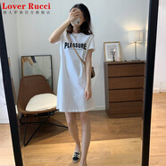 LOVER RUCCI夏季藏青色短袖t恤裙女中長款遮屁股純棉字母長t寬松顯瘦連衣裙子 白色(PLEA黑) L