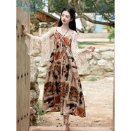 瑪希迪2024夏新款吊帶連衣裙法式抽象印花顯瘦度假民族風(fēng)文藝氣質(zhì)中長(cháng)裙 吊帶裙+開(kāi)衫 M