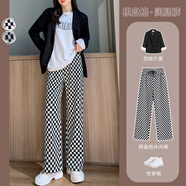 依沐蘇棋盤(pán)格闊腿褲女春秋季高腰寬松直筒黑白格子褲垂感休閑拖地長(cháng)褲子 黑白格-單款 L