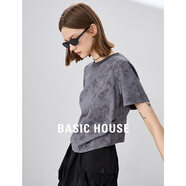 BASIC HOUSE/百家好暈染設(shè)計(jì)復(fù)古短袖t恤女2024夏季新款簡(jiǎn)約洋氣減齡女上衣 深灰 M