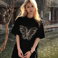 妙奕嘉寬松短袖女半袖大碼衣服女裝夏2025新款短袖t恤女潮流上衣女洋氣 蝴蝶短袖-黑色【100-120斤】