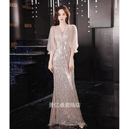 韋戒晚禮服女2024新款高端氣質(zhì)亮片裙級感輕奢魚(yú)尾連衣裙優(yōu)雅主持人 圖片色 L