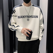 WXAW香港輕奢男裝痞帥圓領(lǐng)衛(wèi)衣男拼色春秋新款內(nèi)搭長袖T恤男加絨保暖 白色1  常規(guī) L (115斤-125斤)