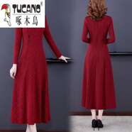 啄木鳥(niǎo)2025秋冬新款高端女裝中國風(fēng)改良版旗袍氣質(zhì)顯瘦禮服連衣裙中長(cháng)款 酒紅色 高貴大氣 M 90-100