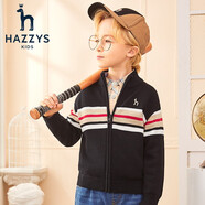 哈吉斯（HAZZYS）品牌童裝男童開(kāi)衫線(xiàn)衣春新款中大童小立領(lǐng)英倫風(fēng)撞條開(kāi)衫線(xiàn)衣 鉆石黑 105