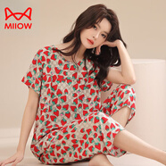 貓人（MiiOW）棉綢睡衣女綿綢短袖七分褲兩件套人造棉夏季家居服套裝媽媽外穿 草莓 XL 建議80-100斤