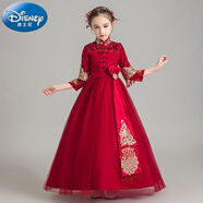 迪士尼中式兒童禮服公主裙加厚花童紅色5-10-13歲女童主持演出服秋冬裝 紅色常規 160cm