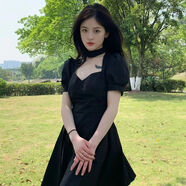 VEOX赫本風(fēng)黑色桔梗V領(lǐng)收腰短袖連衣裙女學(xué)院風(fēng)顯瘦設計感小個(gè)子A字裙 黑色(性感辣妹) S (65-80斤)
