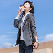 千鳥(niǎo)格長(zhǎng)袖小西裝外套女秋厚款時(shí)尚休閑格子西服韓版修身氣質(zhì)上衣 單件灰格外套【常規(guī)款】 XL 建議110-120斤