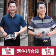 啄木鳥短袖T恤男 爸爸夏裝中年冰絲薄款中老年人男裝爺爺翻領寬松t恤 807哈青+802灰色 L /170