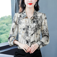 梵闋襯衫女長(cháng)袖外穿春秋新款雪紡衫女上衣寬松顯瘦印花女士休閑襯衣女 圖片色 L -建議105-115斤