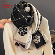 北極絨（Bejirog）韓系秋冬百搭山茶花仿羊絨圍巾女氣質(zhì)拼接長款披肩兩用保暖圍脖 山茶花-黑色