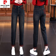 皮爾卡丹（pierre cardin）加絨哈倫牛仔褲女冬季2024年新款高腰顯瘦加厚拼色卷邊小腳老爹褲 懷舊藍色 S