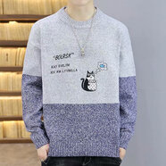 【項后】2021秋冬季新款男士韓版圓領(lǐng)刺繡卡通毛衣潮流打底針織衫線(xiàn)衣男裝 藍色 L