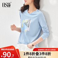 歐莎（OSA）白色印花長袖t恤女衣服23年新款打底衫時尚內(nèi)搭體恤上衣 藍色 S