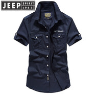 JEEP SPIRIT夏季新款棉質(zhì)短袖襯衫戶外寬松大碼歐美休閑短款襯衣純色口袋上衣 深藍(lán)色 2XL