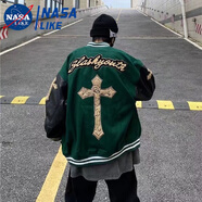 NASALIKE 國潮夏季情侶夾克港風(fēng)街頭棒球服痞帥情侶外套男女韓版ins鹽系寬 爵士310刺繡綠色 XL (關(guān)注店鋪禮品)