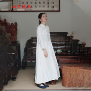如素慢衣文藝復(fù)古銅氨絲亞麻提花立領(lǐng)長(zhǎng)袖寬松連衣裙31846q 白色 L