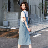 穆夏百合韓版背帶裙兩件套套裝女裝夏季2025年新款吊帶連衣裙牛仔減齡休閑 白色t恤+藍(lán)色背帶裙 S