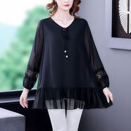LKSX加肥加大女裝寬松大碼220斤遮肚子雪紡衫女中長(cháng)款胖人顯瘦衣服胖 黑色 3XL 【建議160-180斤】