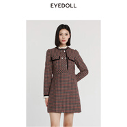 EYEDOLL我愛露露冬季新款復古優(yōu)雅木耳邊立領短款毛呢連衣裙 咖啡色 S