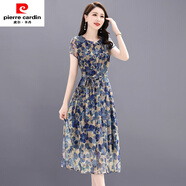 皮爾卡丹（pierre cardin）碎花連衣裙女夏季2025年新款氣質(zhì)修身顯瘦洋氣別致年輕MM長裙子針 藏青色 M