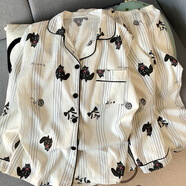 木清清圓點(diǎn)可愛(ài)小狗春秋季帶胸墊睡衣女長(cháng)袖純棉紗胖MM200斤夏天家居服 云朵棉【無(wú)胸墊】條紋小貓【長(cháng)袖+長(cháng)褲】 M 女款(建議75-100斤)