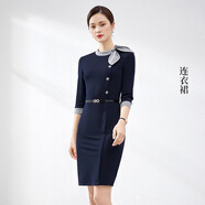 羅蒙空姐制服職業(yè)連衣裙氣質(zhì)秋冬修身女神范美容院售樓部前臺(tái)工作服女 藏青色格子七分袖連衣裙 S