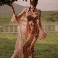 Carey Kay小仙女性感吊帶蕾絲薄長(cháng)款睡裙高開(kāi)叉飄帶睡衣網(wǎng)紗性感私房秋 清新珊瑚粉睡袍 M