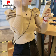 皮爾卡丹（pierre cardin）秋冬女士2025新款掛脖毛衣上衣泡泡袖針織打底衫內(nèi)搭今年流行漂亮 燕麥色 S
