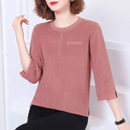 愷吉銳新款夏裝氣質(zhì)女冰絲七分袖上衣寬松大媽中年中年針織T恤 皮粉 3XL