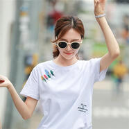 鸞姿T恤女短袖新款女裝夏季純棉短袖印花寬松白色半袖上衣學(xué)生百搭潮 羽毛（有彈力） 4XL 建議140-160