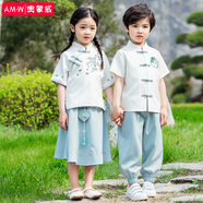 奧蒙威兒童漢服套裝古裝中國風(fēng)男女童新中式學(xué)生夏裝班服古代表演服8228 男童短袖套裝 110