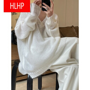 HLHP秋冬季新款慵懶風(fēng)馬海毛毛衣女中長(zhǎng)款寬松顯瘦薄款鏤空針織衫上衣 白色 S