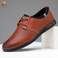 稻草人男鞋皮鞋男夏季鏤空皮鞋軟皮透氣耐磨防滑商務(wù)休閑鞋正裝皮鞋軟底 棕色鏤空款 40