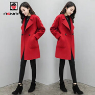 AEMAPE新年戰袍毛呢大衣女2025春秋冬新款女裝中長(cháng)款韓版呢子外套女寬松 紅色 XL _碼【110-125斤】