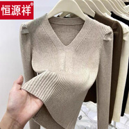 恒源祥泡泡袖V領(lǐng)加厚針織衫套頭毛衣女秋冬季2025新款時(shí)髦內搭小眾上衣 燕麥色 S