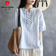 皮爾卡丹簡(jiǎn)約刺繡寬松文藝小v領(lǐng)竹節棉上衣女夏季百搭復古棉麻短袖t恤衫 淺藍色 【優(yōu)質(zhì)版】 M 【建議100斤以?xún)取?
                                         title=