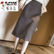 啄木鳥(niǎo)古著(zhù)小格子毛呢半身裙春秋冬中等厚度高腰中長(cháng)款a字裙開(kāi)叉毛呢裙 咖啡色 S-建議88-100斤