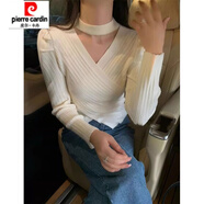 皮爾卡丹（pierre cardin）奶白色修身泡泡袖毛衣打底衫純欲交叉設(shè)計(jì)感短款V領(lǐng)掛脖針織衫 白色 S