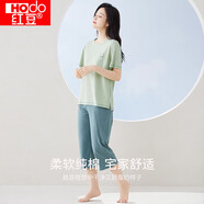 紅豆（hongdou）睡衣女夏純棉短袖中褲套裝圓領(lǐng)舒適可外穿情侶家居服 綠色160