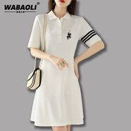 WABAOLI 刺繡翻領(lǐng)短袖連衣裙女2024夏新款寬松顯瘦氣質(zhì)休閑中長(cháng)款t恤裙子 白色 XL 建議體重 (110-119斤)