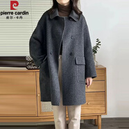 皮爾卡丹（pierre cardin）雙面羊絨大衣女秋冬2025年新款中長款雙排扣深灰色羊毛呢外套 灰色 H版衣長80-83 S 建議90斤-115斤