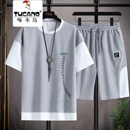 啄木鳥(niǎo)短袖t恤男夏季寬松男裝衣服潮休閑情侶春秋季體恤短褲兩件套夏裝 638灰色t恤＋短褲 XL
