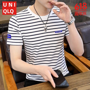 優(yōu)庫官F旗J店2024新款男士圓領(lǐng)純棉條紋短袖T恤韓版 UNIQL衣庫...HM白色 UNIQL衣庫...M